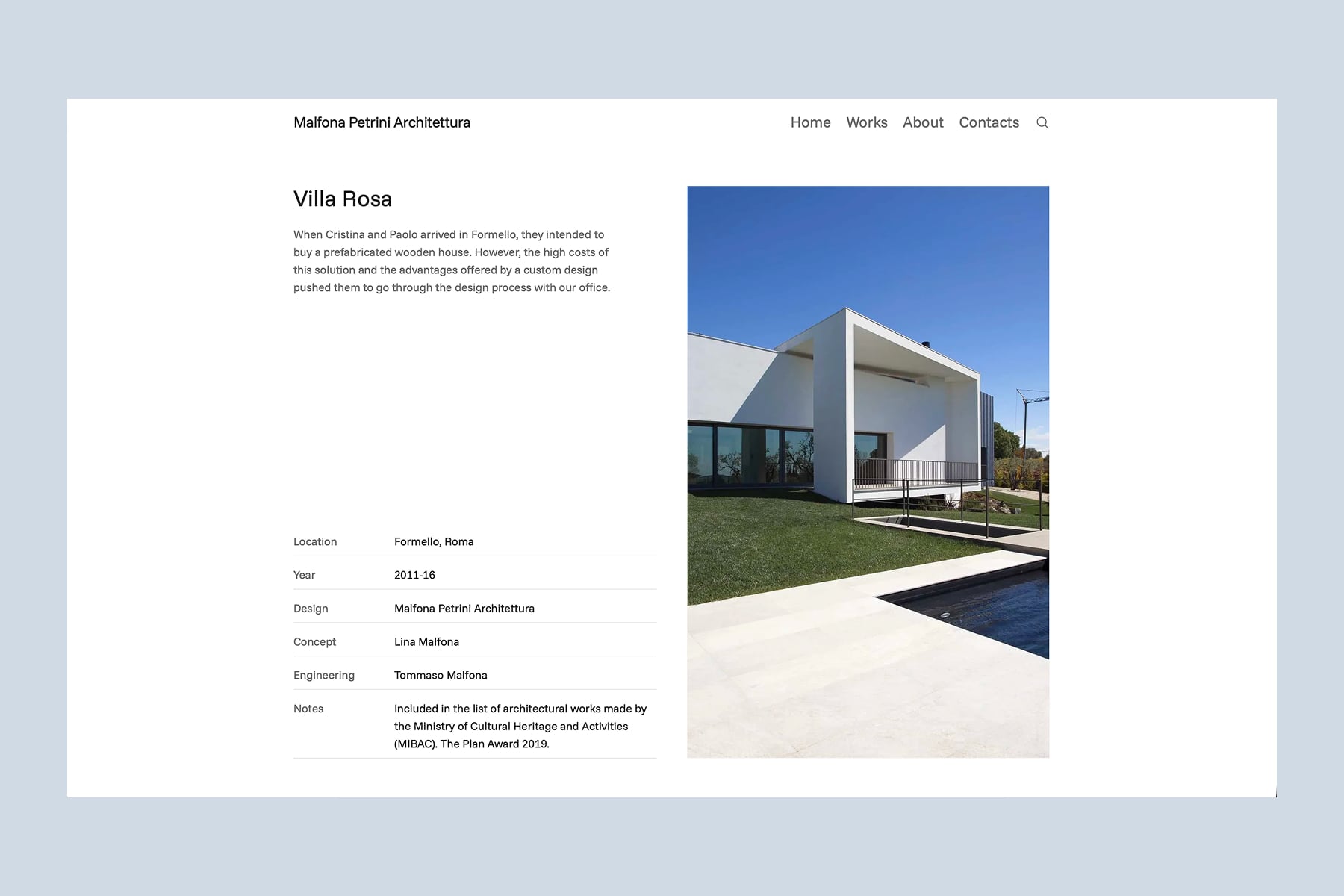 Villa Rosa project page: description and credits on the left, photograph on the right