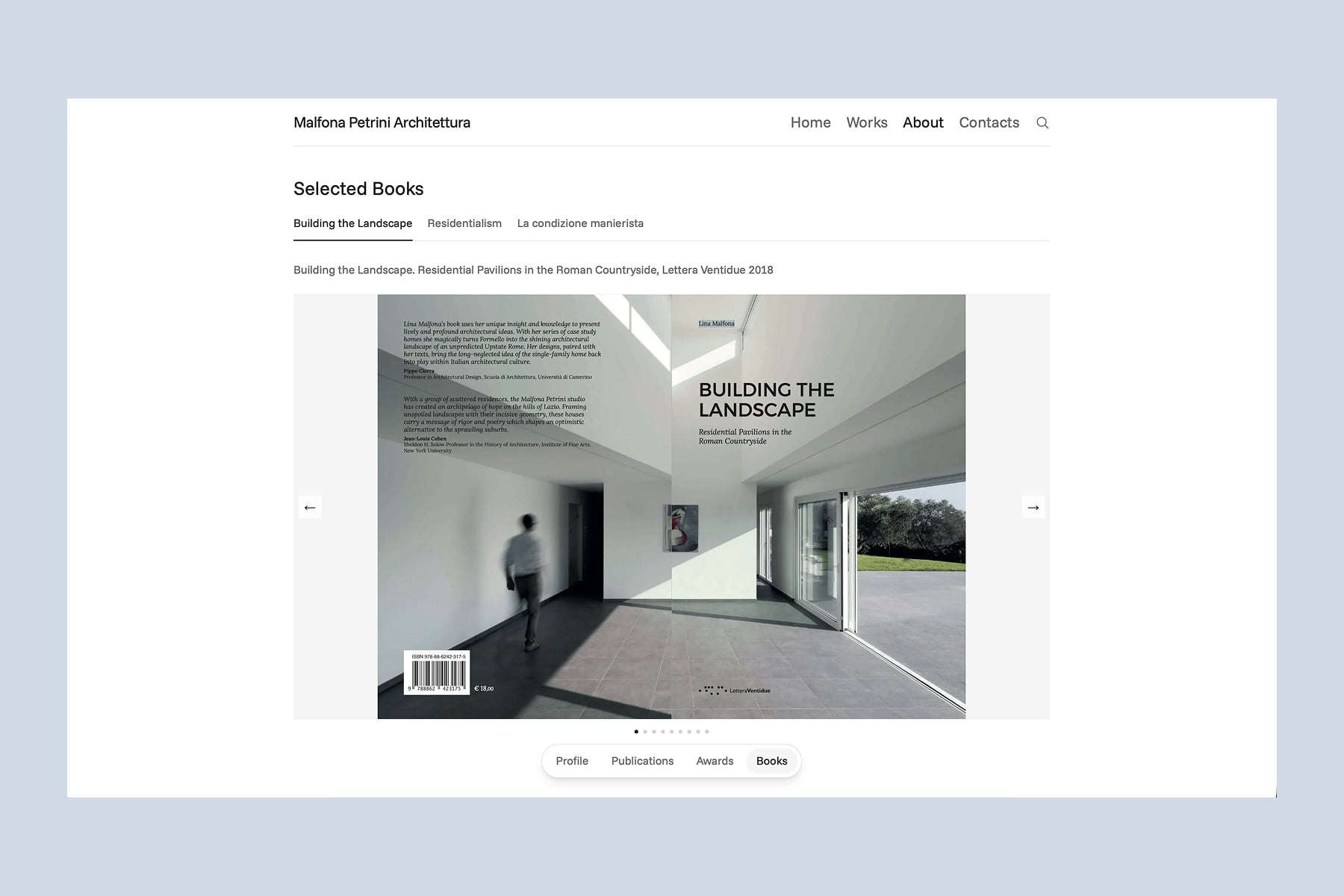 Selected Books section, with a carousel of page spreads for each book
